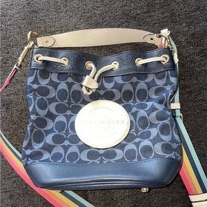 Denim coach logo bucket purse with detachable cross body strap